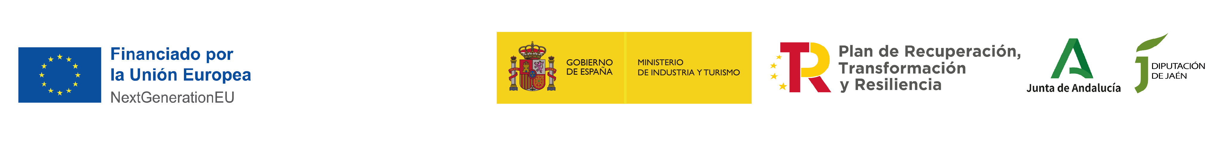 Logotipos de la Unión Europea NextGenerationEU, Gobierno de España, Ministerio de Industria y Turismo, Plan de Recuperación, Transformación y Resiliencia, Junta de Andalucía y Diputación de Jaén